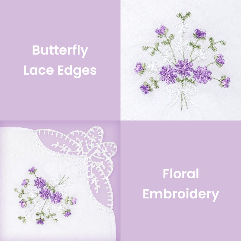 Selected Hanky Women's Cotton Handkerchiefs Flower Embroidered with Lace, Ladies Hankies 6 Pcs - Purple Floral - Image 4